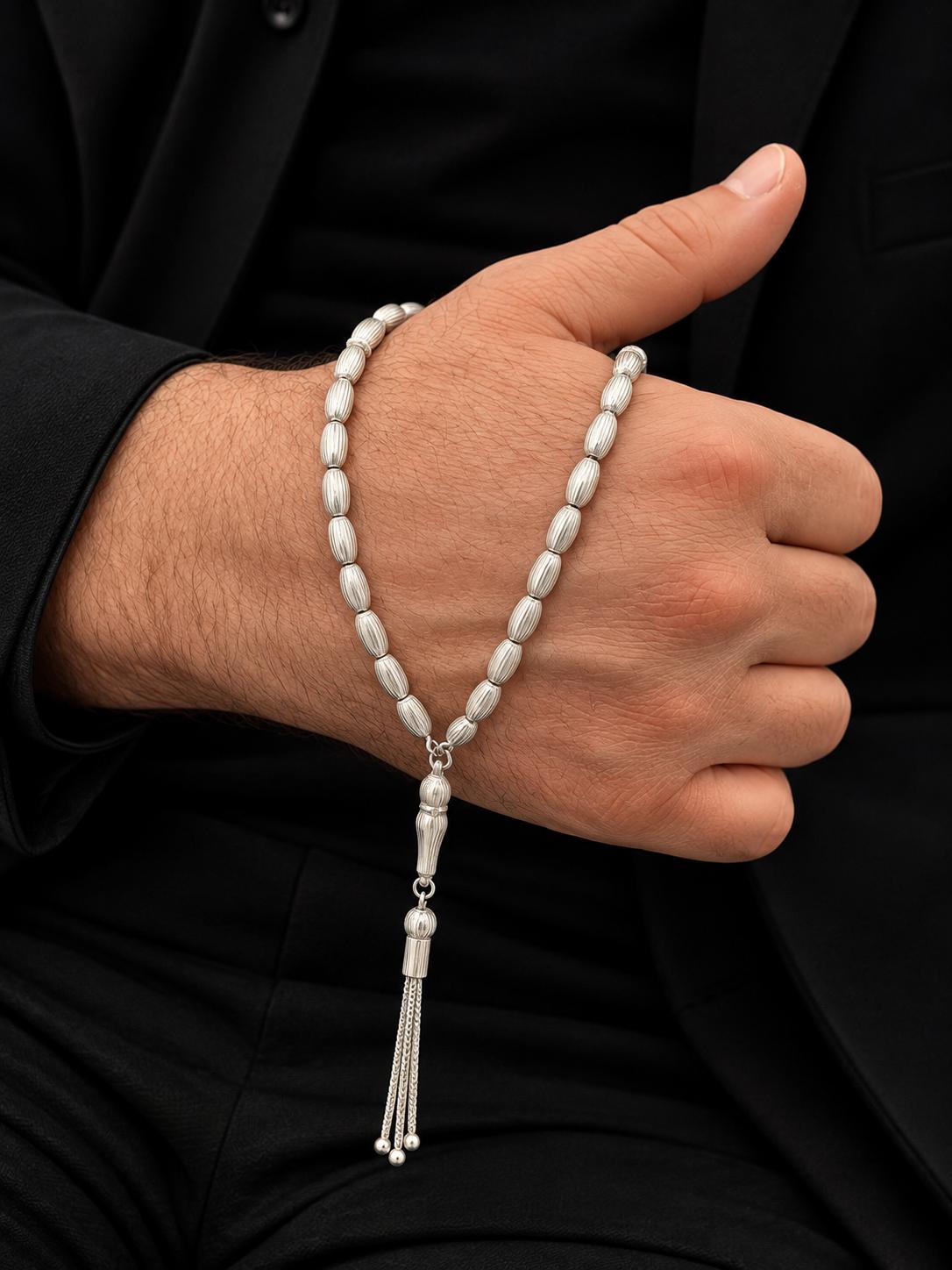 Çizgili Oval Gümüş Tesbih 5mm